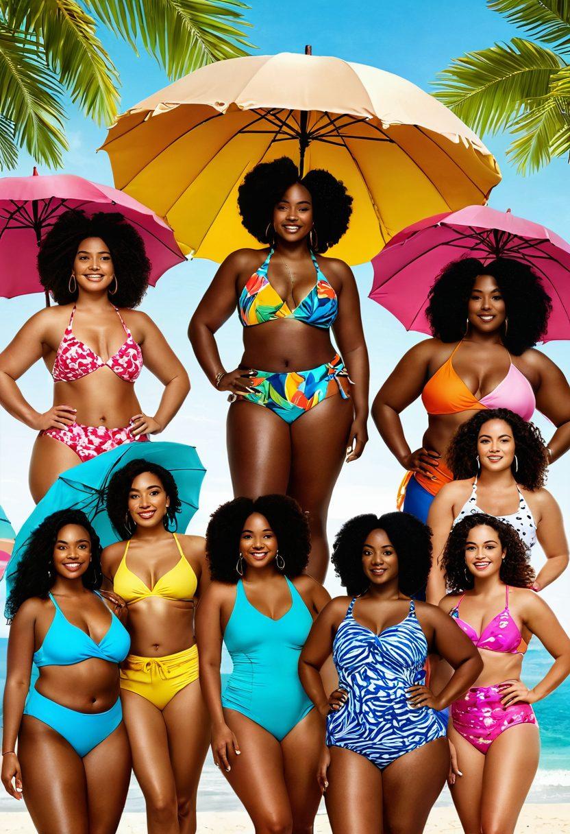A diverse group of confident individuals showcasing various stylish swimwear on a sunlit beach, celebrating body positivity. Include vibrant beach umbrellas, playful waves, and lush palm trees in the background, evoking a joyful and romantic atmosphere. Highlight different body types and styles to represent inclusivity. super-realistic. vibrant colors. beach setting.